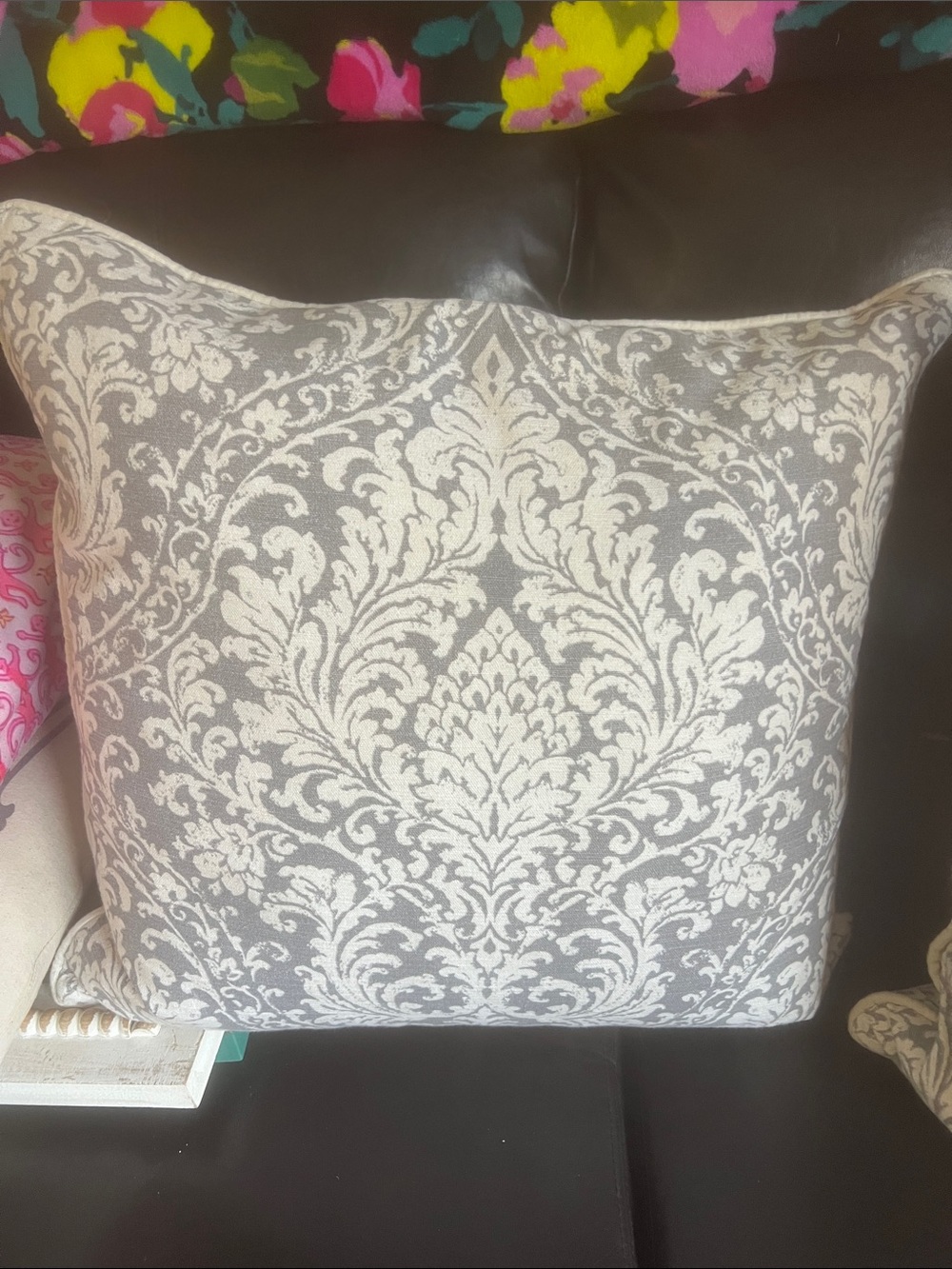 Elegant Gray and Cream Damask Throw Pillow - Home Accents